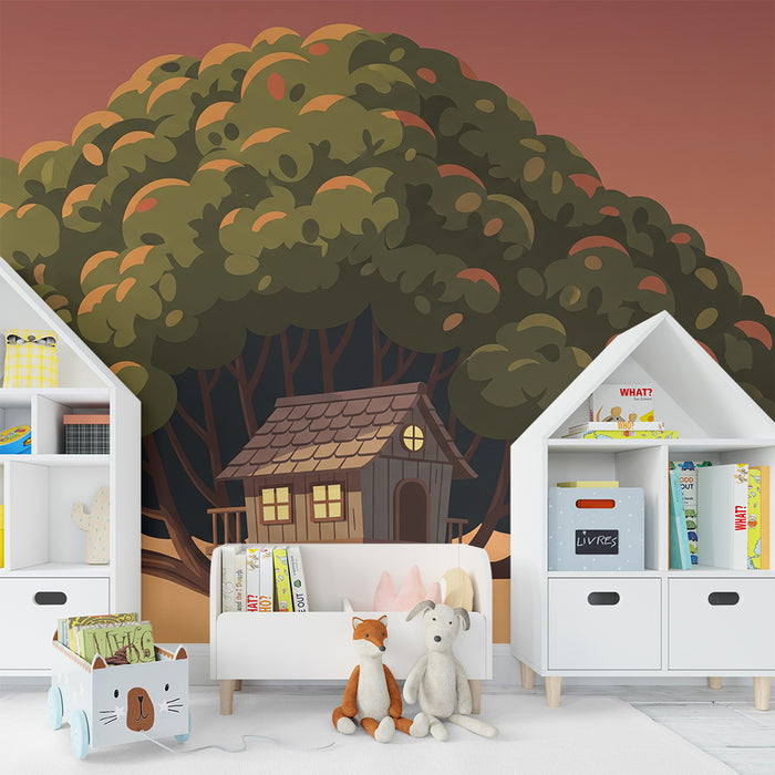 Kinderzimmer-Tapete | Baumhaus unter buntem Himmel