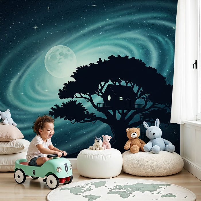 Papel pintado infantil | Casa en el árbol bajo un cielo estrellado