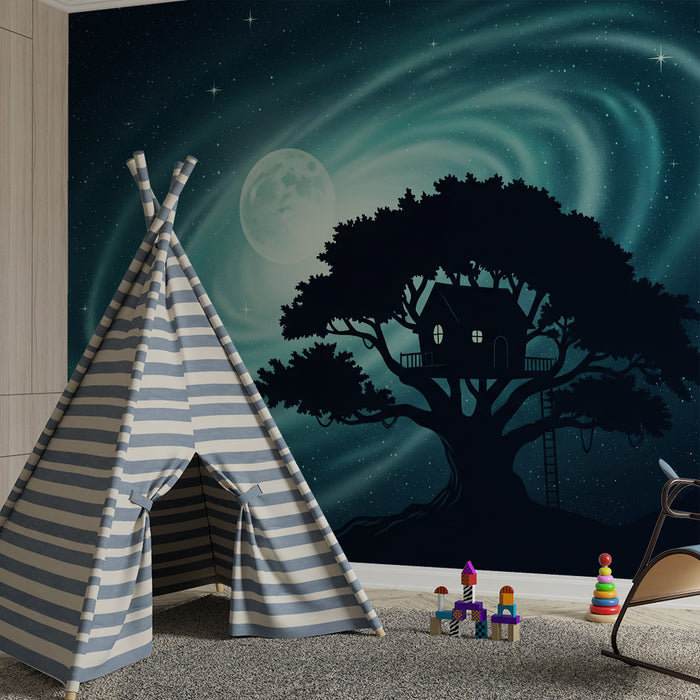 Papel pintado infantil | Casa en el árbol bajo un cielo estrellado