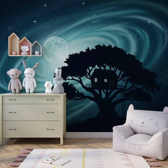 Papel pintado infantil | Casa en el árbol bajo un cielo estrellado