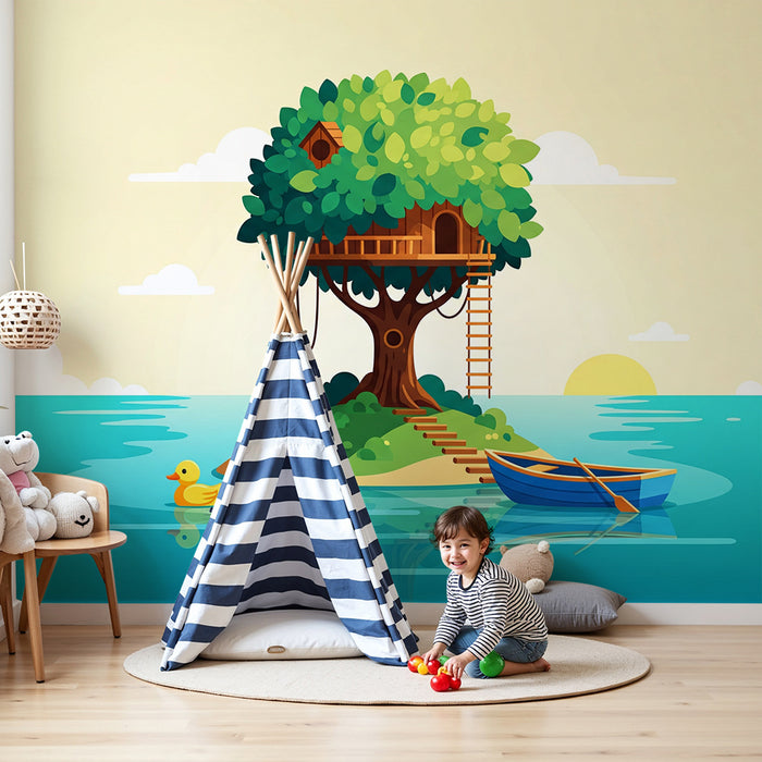 Kinderzimmer-Tapete | Baumhaus auf einer ruhigen Insel