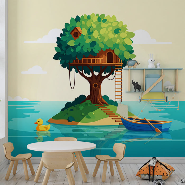 Kinderzimmer-Tapete | Baumhaus auf einer ruhigen Insel
