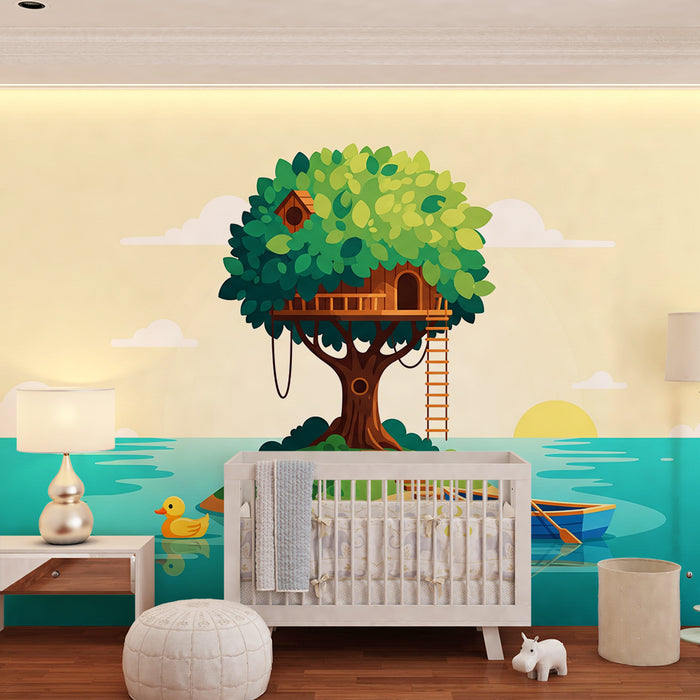 Kinderzimmer-Tapete | Baumhaus auf einer ruhigen Insel