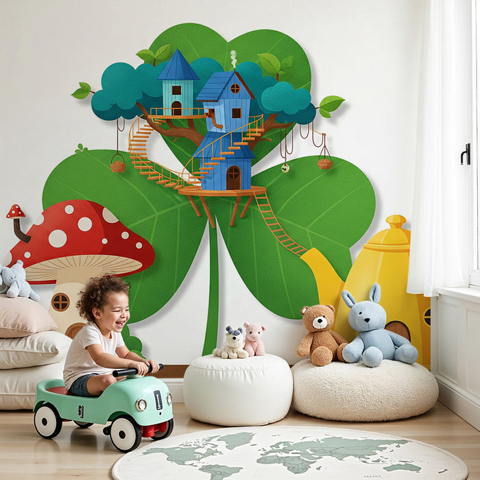 Behang kinderkamer | Huis in een klaver met paddenstoel en theepot