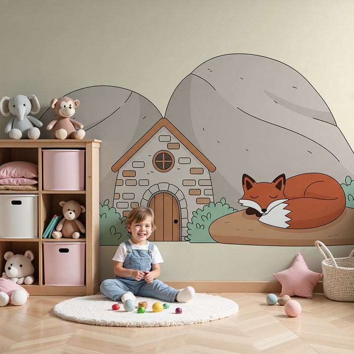 Children's Room Wallpaper | Country House with Sleeping Fox and Mountains