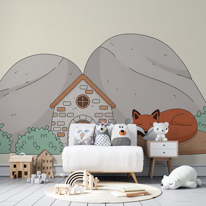Children's Room Wallpaper | Country House with Sleeping Fox and Mountains