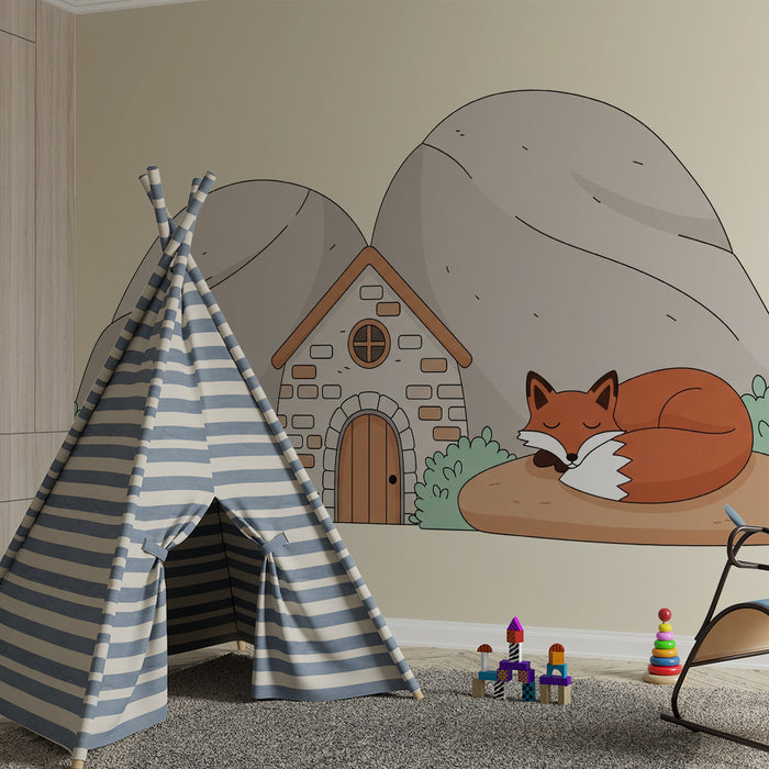 Children's Room Wallpaper | Country House with Sleeping Fox and Mountains