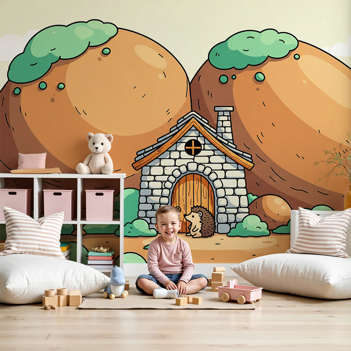 Papier peint chambre enfant | Maison de hérisson au milieu de collines douces