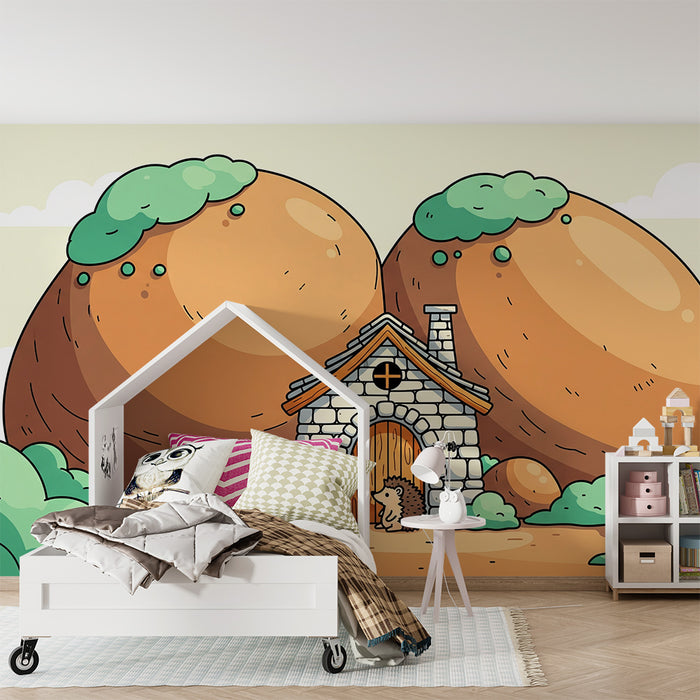 Papier peint chambre enfant | Maison de hérisson au milieu de collines douces