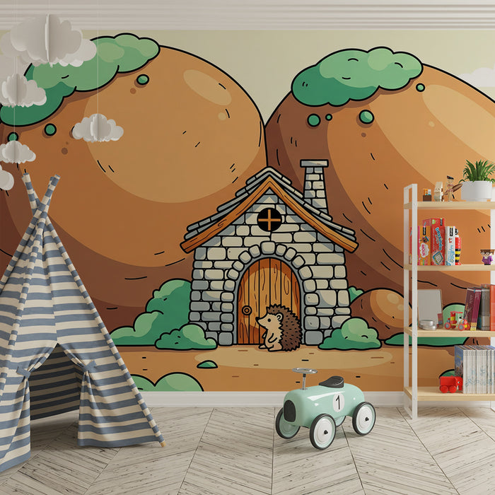 Papier peint chambre enfant | Maison de hérisson au milieu de collines douces