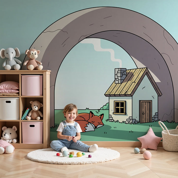 Kids' Room Wallpaper | Dream House Under a Rainbow with a Sleeping Fox