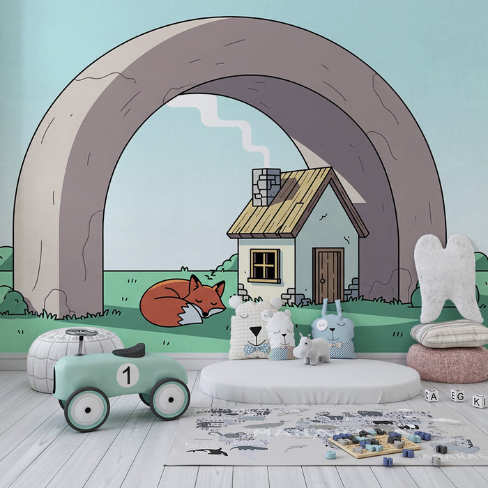Kids' Room Wallpaper | Dream House Under a Rainbow with a Sleeping Fox
