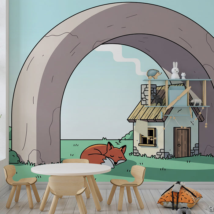 Kids' Room Wallpaper | Dream House Under a Rainbow with a Sleeping Fox