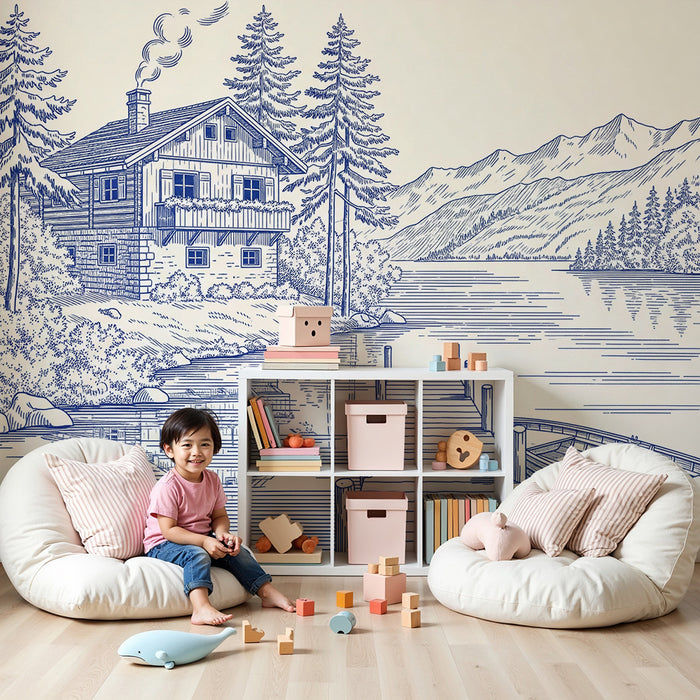 **Text translated to German:**

Kinderzimmer Tapete | Holzhaus am See mit Bergen im Hintergrund