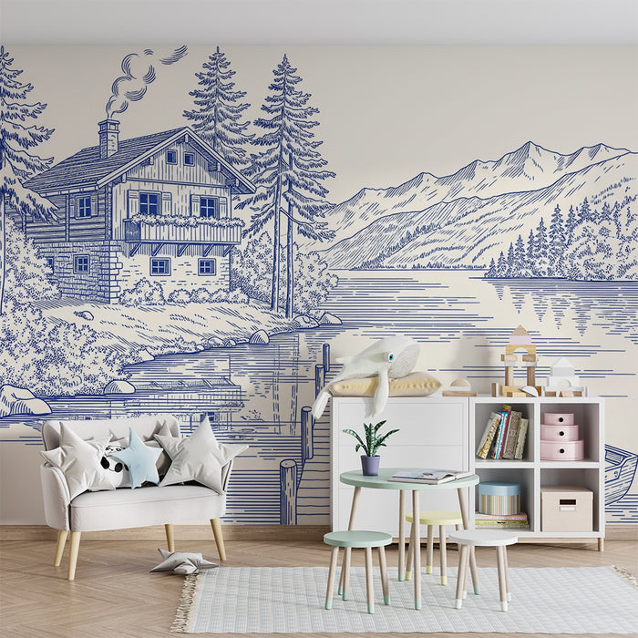 **Text translated to German:**

Kinderzimmer Tapete | Holzhaus am See mit Bergen im Hintergrund