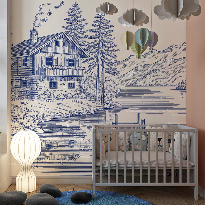**Text translated to German:**

Kinderzimmer Tapete | Holzhaus am See mit Bergen im Hintergrund