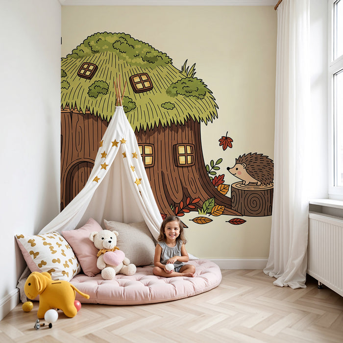 Papel pintado infantil | Casa de madera con erizo y follaje otoñal