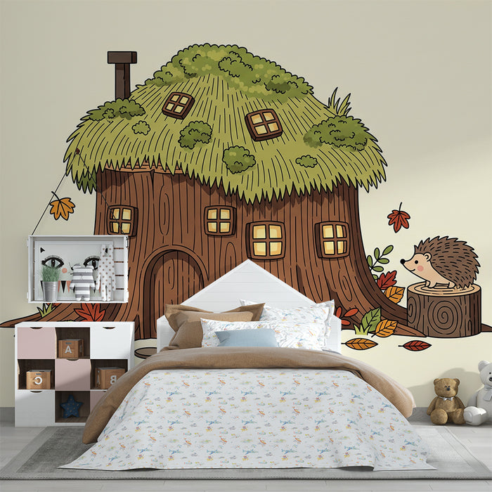 Papel pintado infantil | Casa de madera con erizo y follaje otoñal