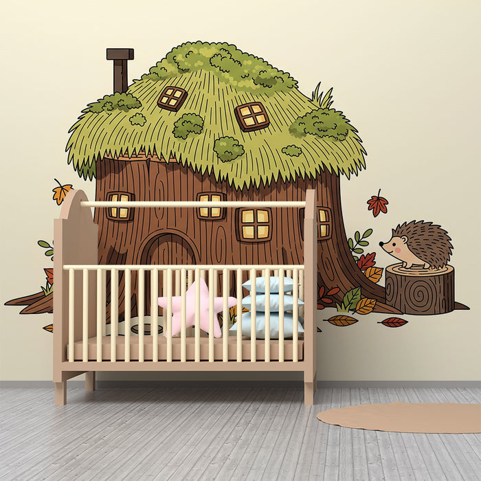 Papel pintado infantil | Casa de madera con erizo y follaje otoñal