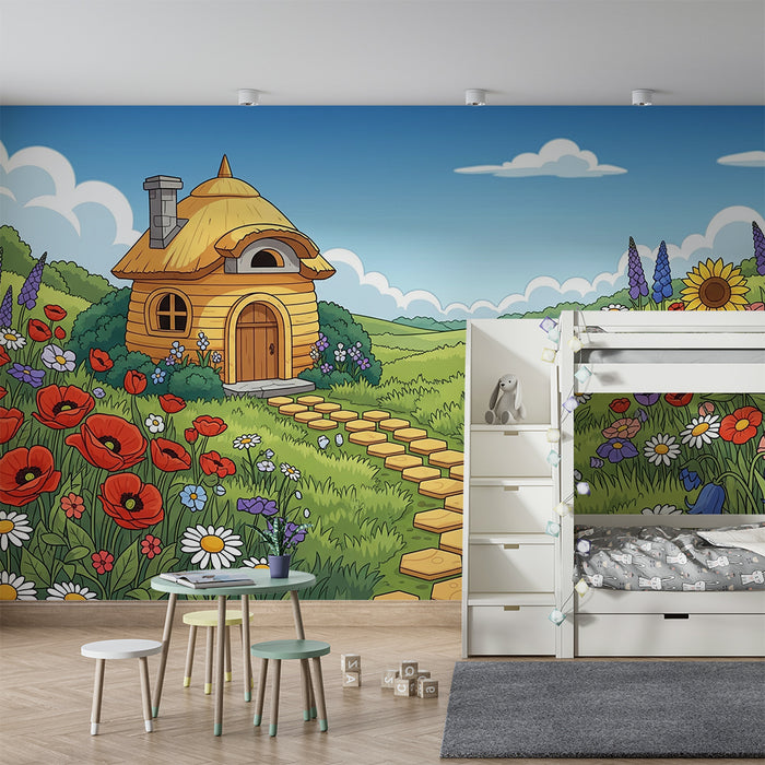 Papel de parede para quarto de criança | Casa de madeira rodeada de flores coloridas e céu azul