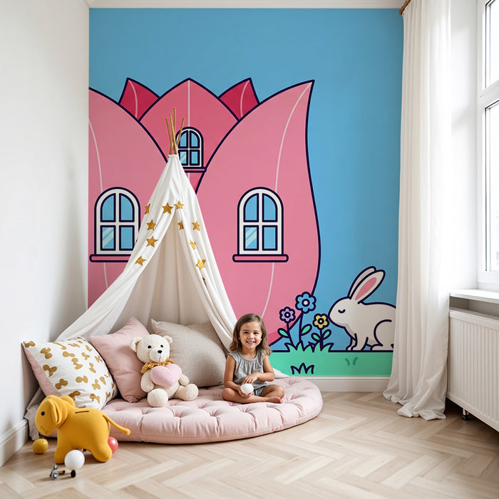 Barnrumspapper | Blommigt hus i rosa med en nyfiken kanin