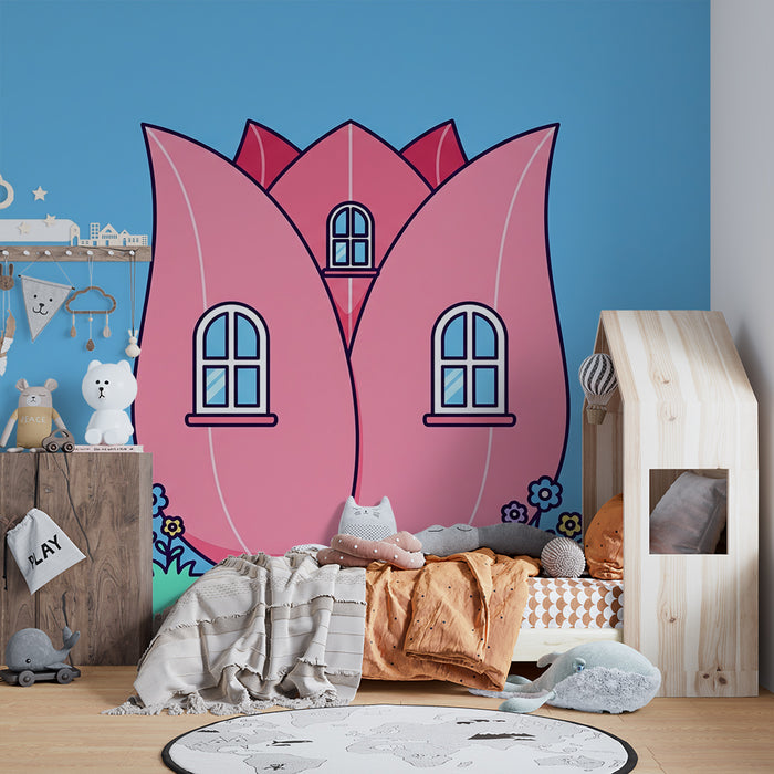 Barnrumspapper | Blommigt hus i rosa med en nyfiken kanin