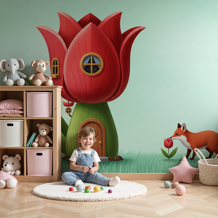Papel pintado infantil | Casa florida y zorro curioso en un jardín encantado