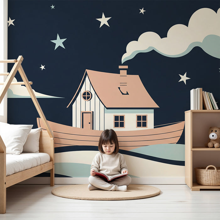 Papel de parede criança | Casa flutuante sob as estrelas