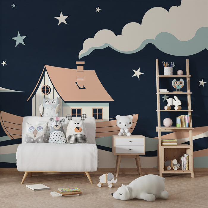 Papel de parede criança | Casa flutuante sob as estrelas