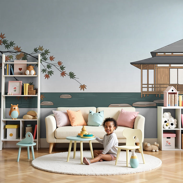 Papel de parede para quarto infantil | Casa japonesa à beira da água com folhagem colorida