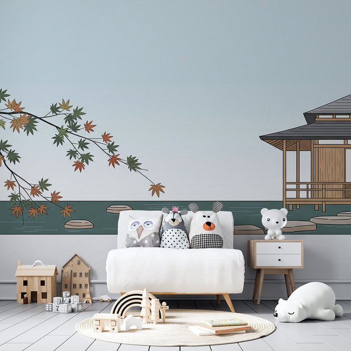 Papel de parede para quarto infantil | Casa japonesa à beira da água com folhagem colorida
