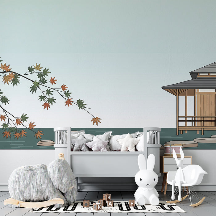 Papel de parede para quarto infantil | Casa japonesa à beira da água com folhagem colorida