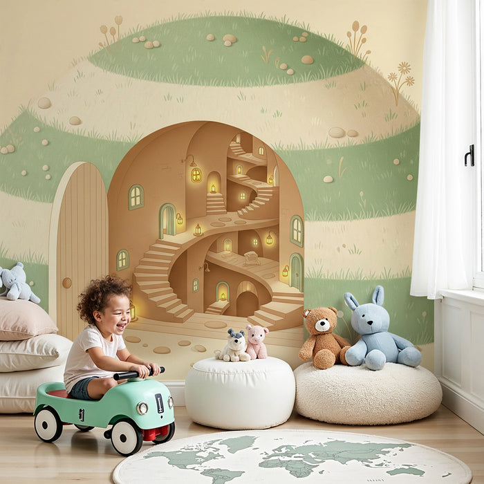 Papier peint chambre enfant | Maison magique avec escaliers en spirale et lumières douces