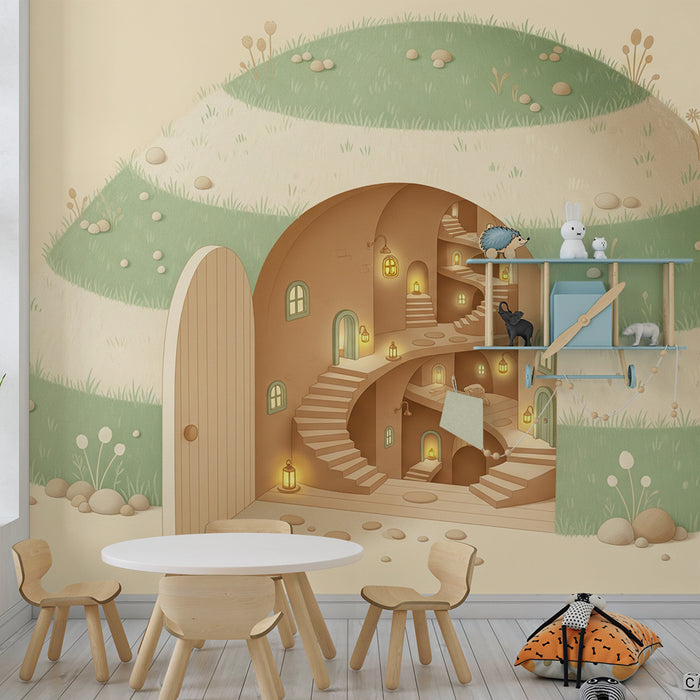 Papier peint chambre enfant | Maison magique avec escaliers en spirale et lumières douces