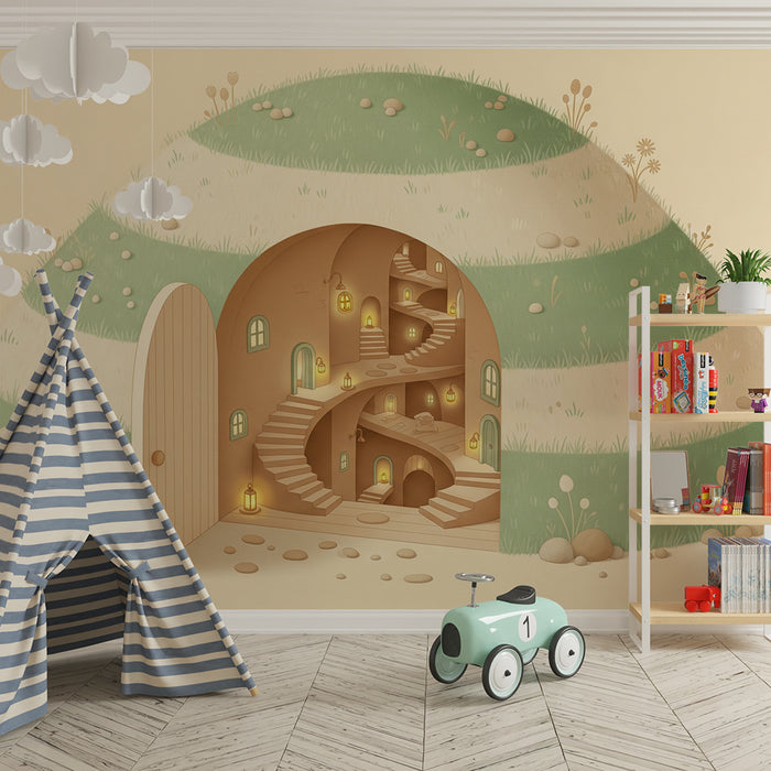 Papier peint chambre enfant | Maison magique avec escaliers en spirale et lumières douces