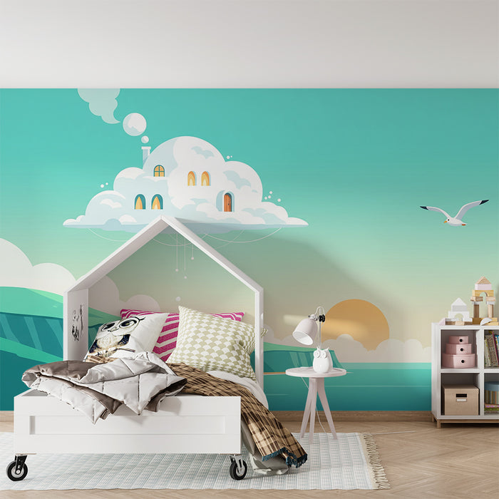 Detská tapeta do izby | Domček s mrakmi vznášajúci sa nad morom
