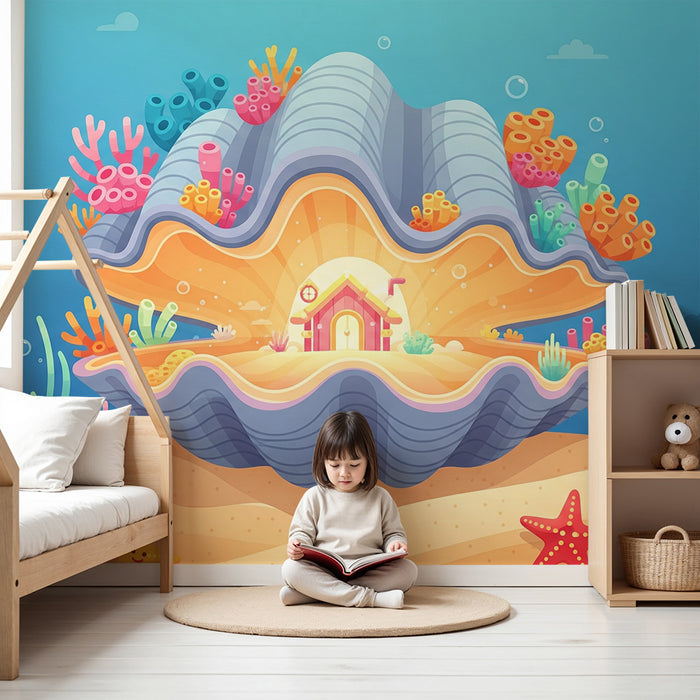 Kinderzimmer-Tapete | Unterwasserhaus in einer Muschel mit bunten Korallen