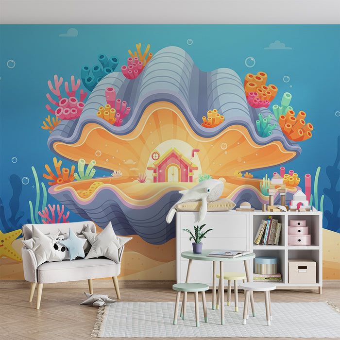 Kinderzimmer-Tapete | Unterwasserhaus in einer Muschel mit bunten Korallen