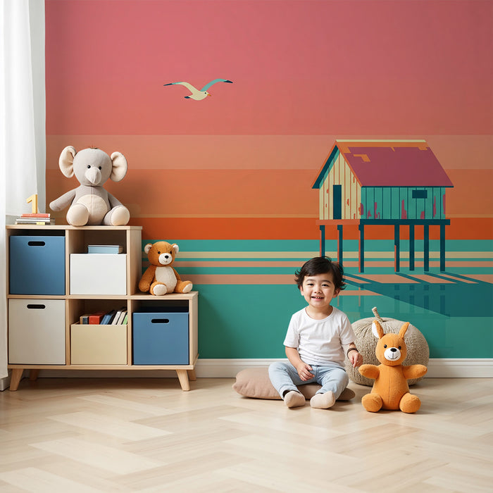 Papel pintado infantil | Casa sobre pilotes al atardecer