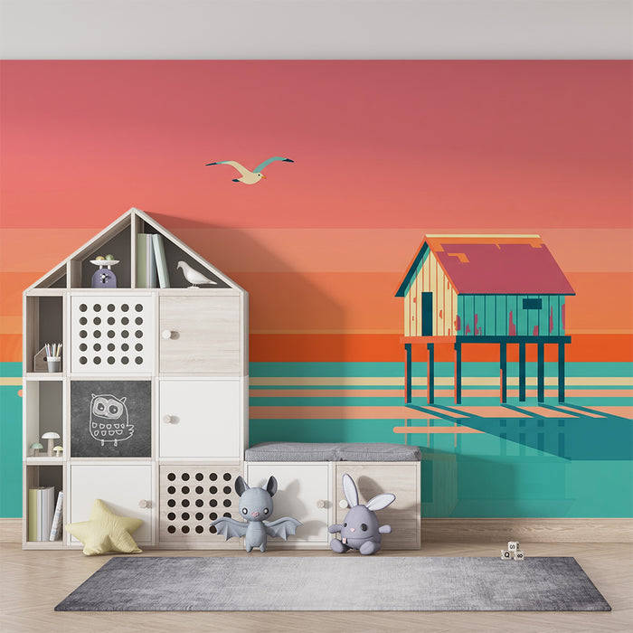 Papel pintado infantil | Casa sobre pilotes al atardecer
