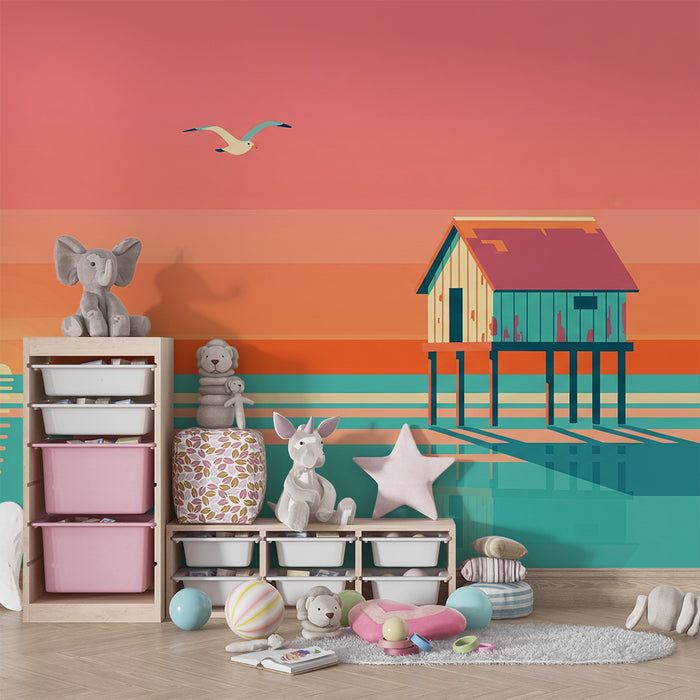 Papel pintado infantil | Casa sobre pilotes al atardecer