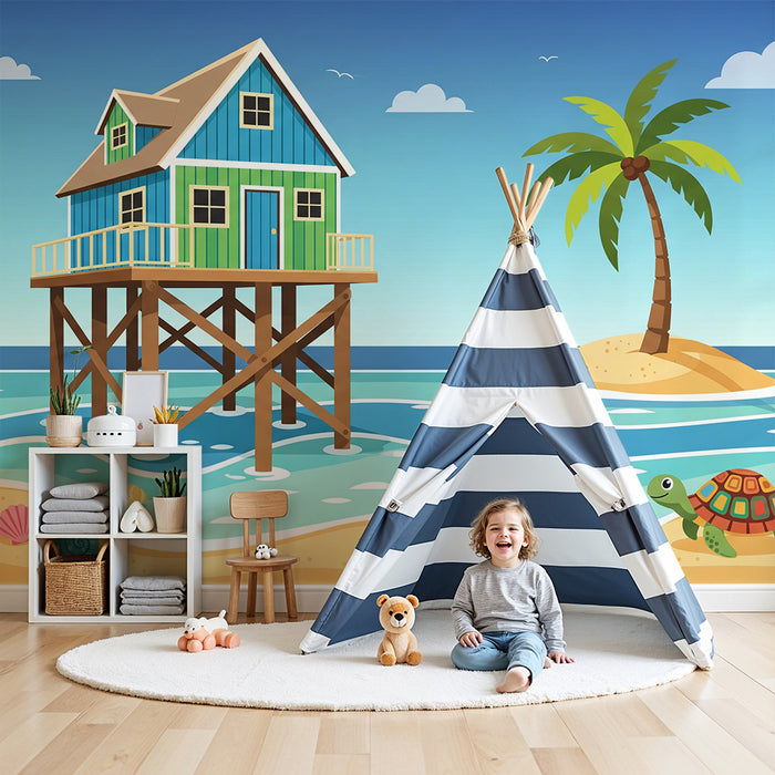 Kids' room wallpaper | Stilt house and turtle on the beach