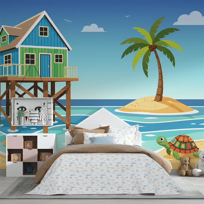 Kids' room wallpaper | Stilt house and turtle on the beach