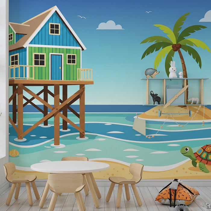 Kids' room wallpaper | Stilt house and turtle on the beach