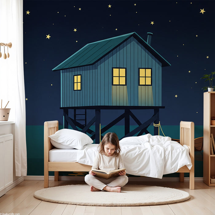 Papel pintado infantil | Casa en los árboles bajo un cielo estrellado