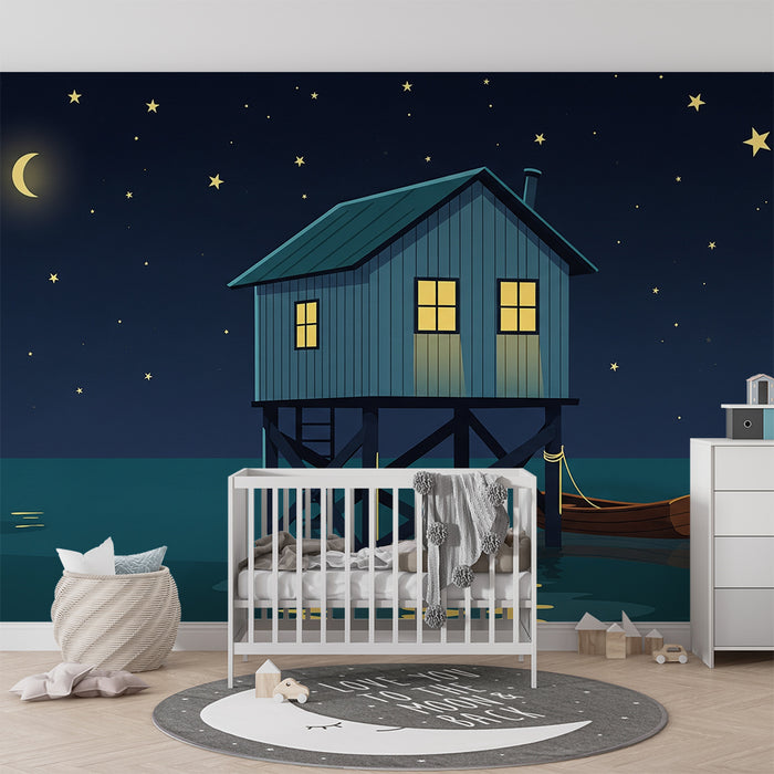 Papel pintado infantil | Casa en los árboles bajo un cielo estrellado