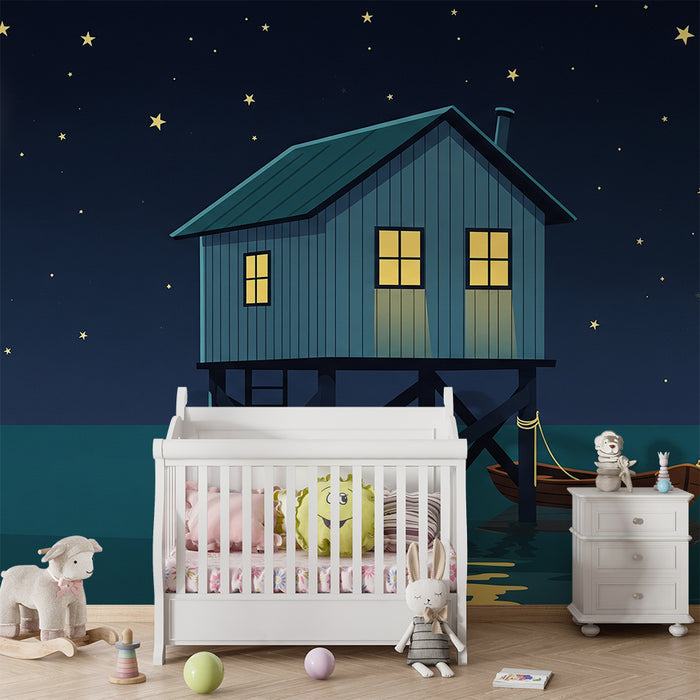 Papel pintado infantil | Casa en los árboles bajo un cielo estrellado