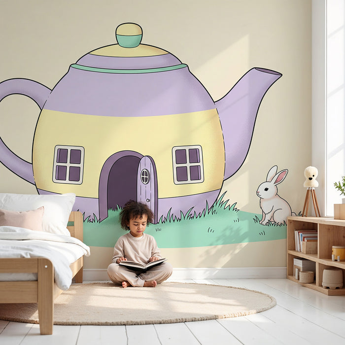 Behang kinderkamer | Kleurrijk theepotjeshuis met een konijntje