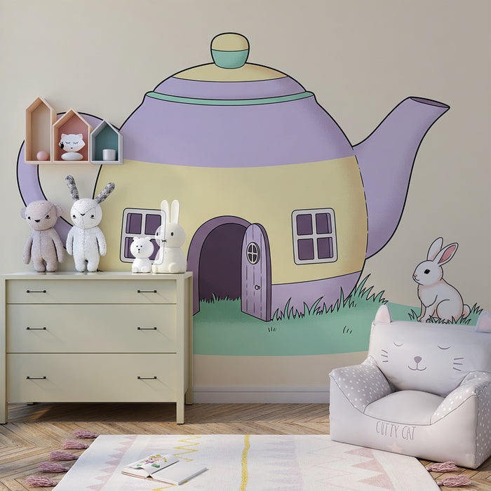 Behang kinderkamer | Kleurrijk theepotjeshuis met een konijntje