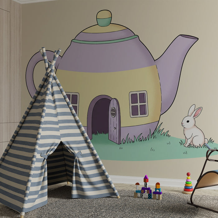 Behang kinderkamer | Kleurrijk theepotjeshuis met een konijntje
